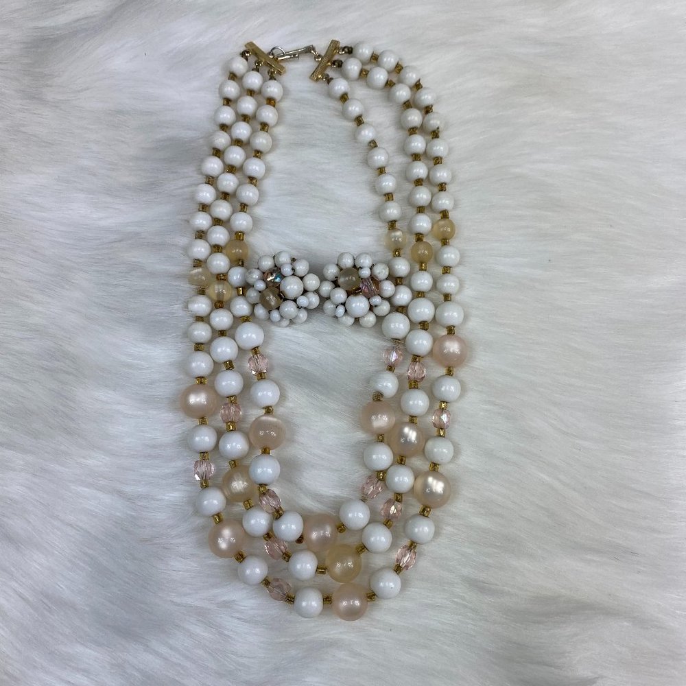 Vintage Signed Japan Three Strand Beaded Necklace & Earring Set